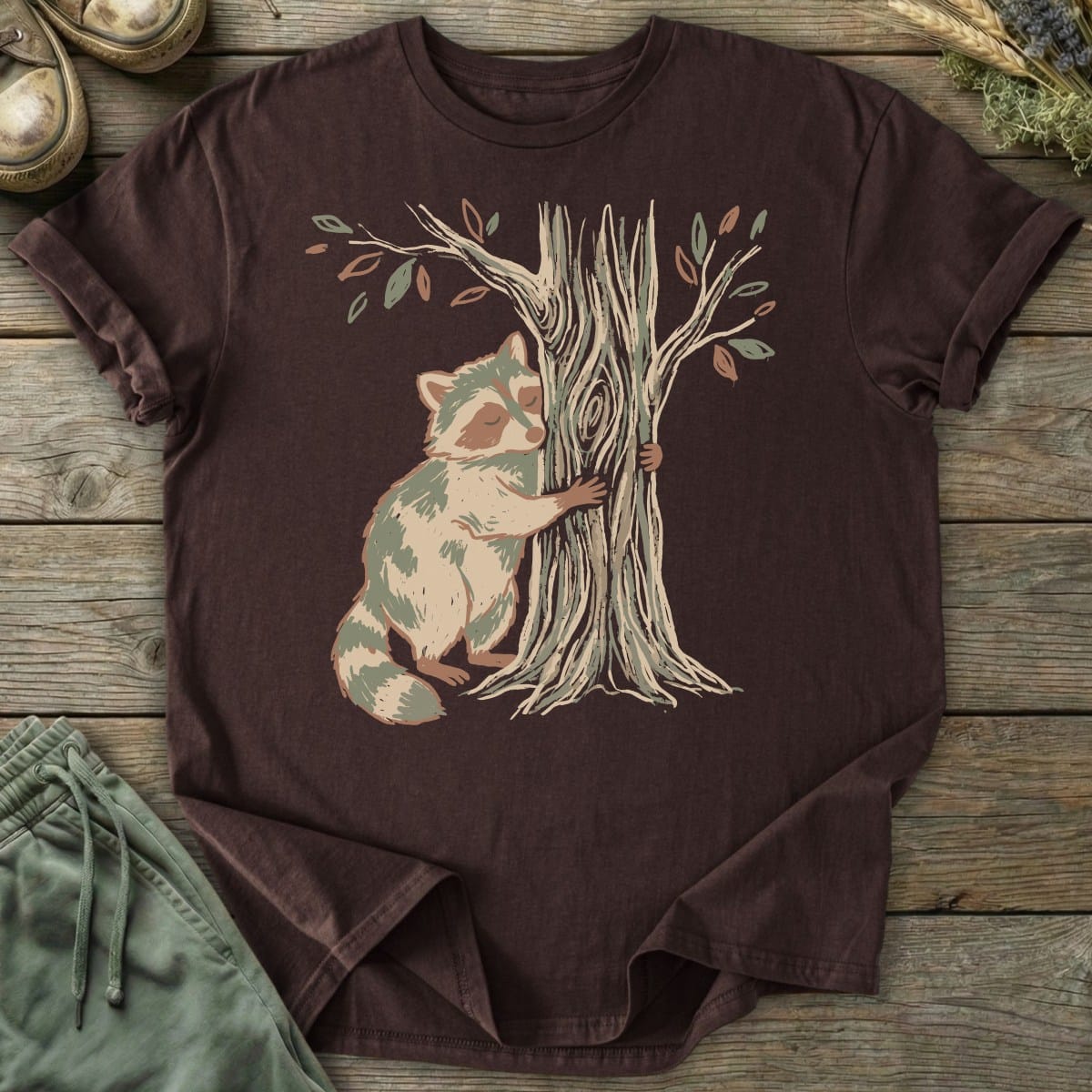 Printify T-Shirt Raccoon Tree Hugger T-Shirt