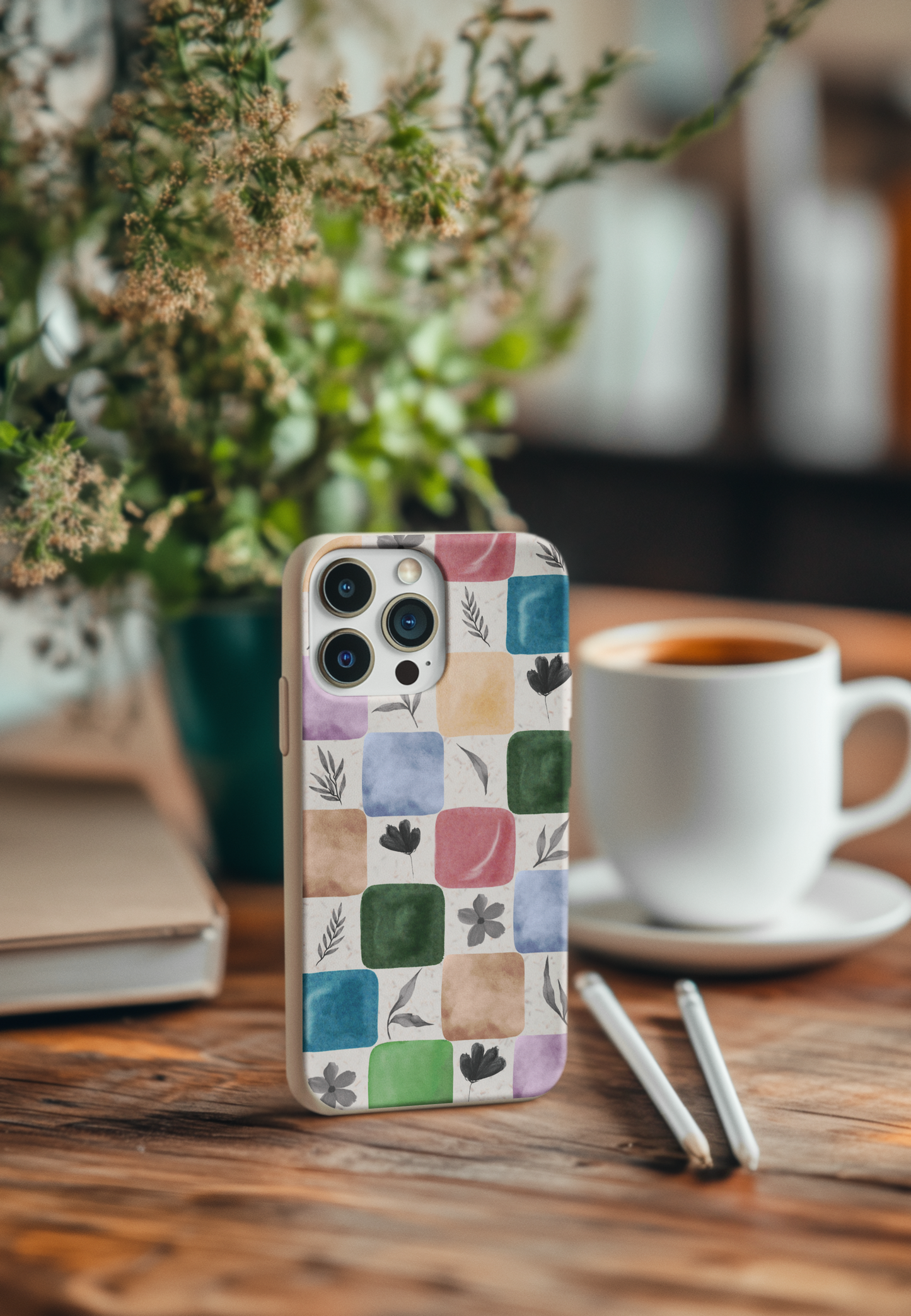 Watercolor Leaf Checkerboard Bio Case