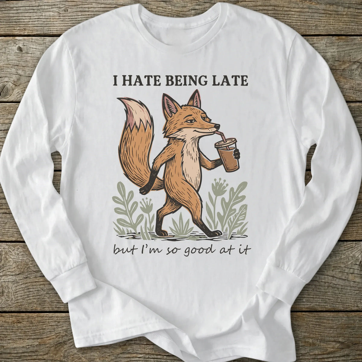 Printify Long-sleeve Hate Being Late Fox Long Sleeve T-Shirt