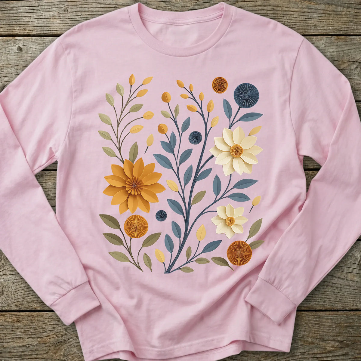 Printify Long-sleeve Paper Cut Floral Long Sleeve T-Shirt