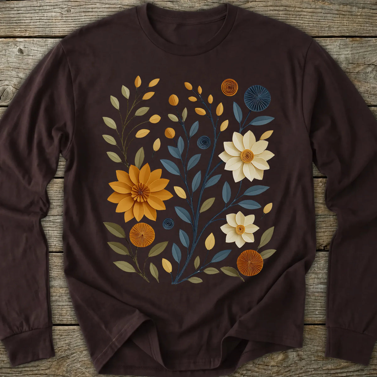 Printify Long-sleeve Paper Cut Floral Long Sleeve T-Shirt