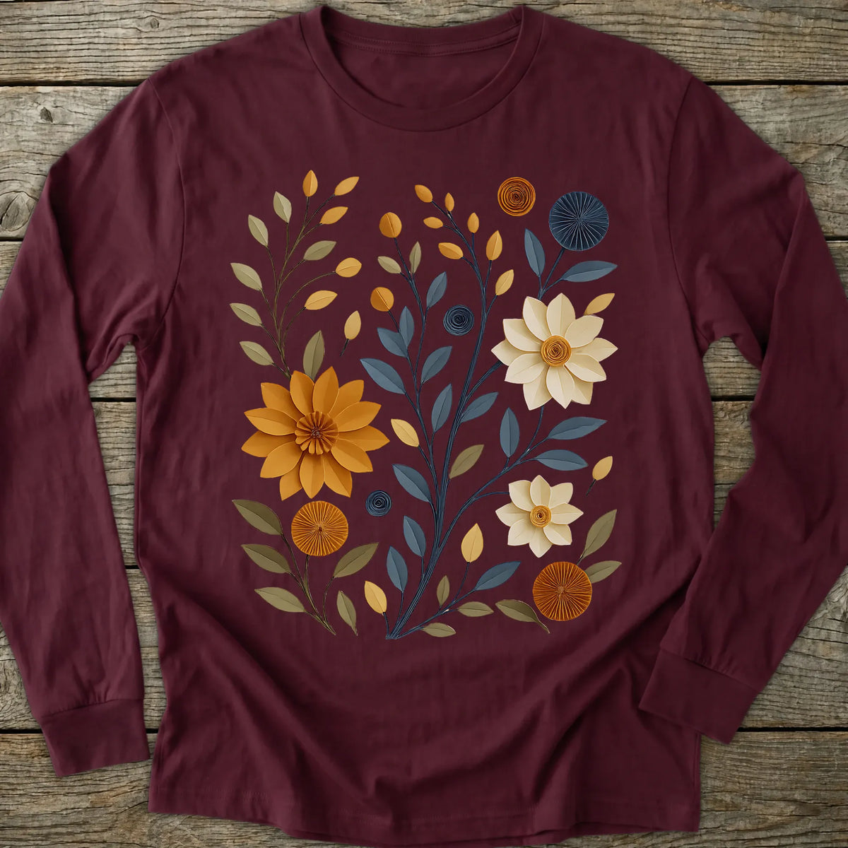 Printify Long-sleeve Paper Cut Floral Long Sleeve T-Shirt