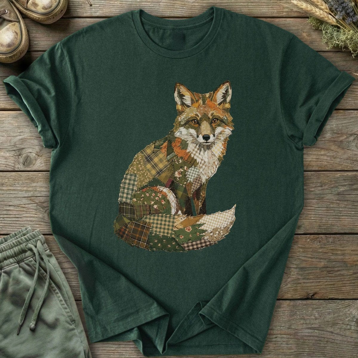 Printify T-Shirt Faux Patchwork Fox T-Shirt