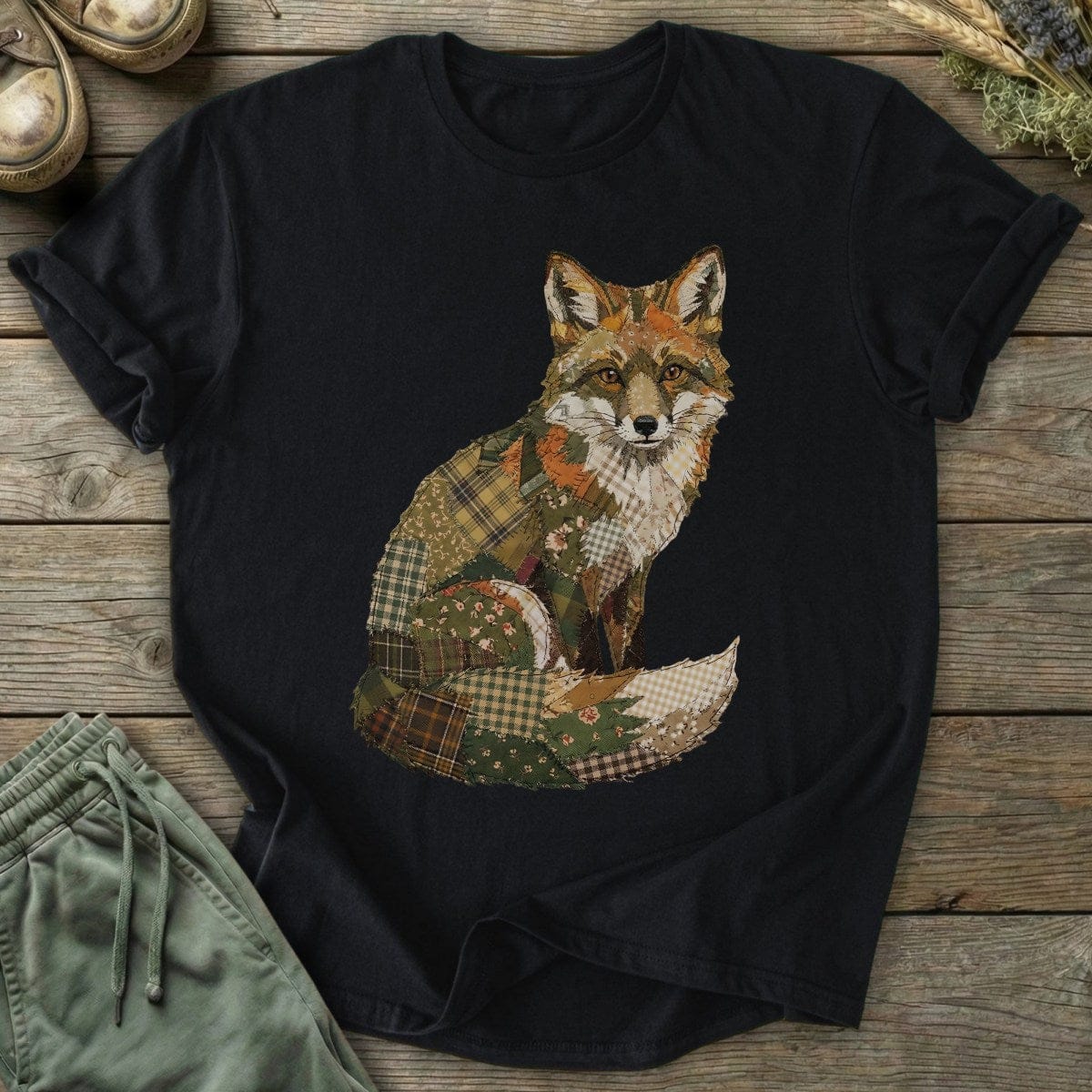 Printify T-Shirt Faux Patchwork Fox T-Shirt