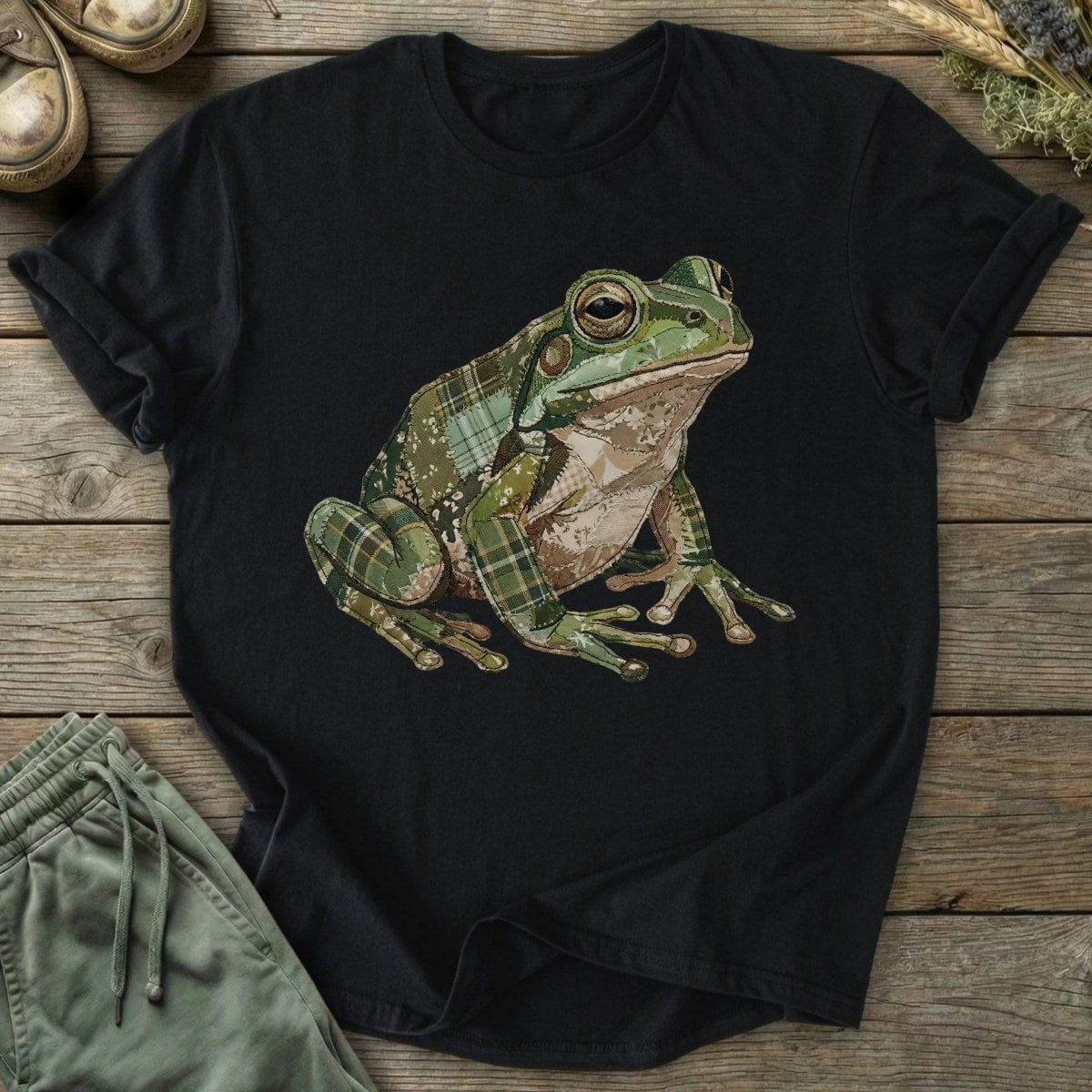 Printify T-Shirt Faux Patchwork Frog T-Shirt