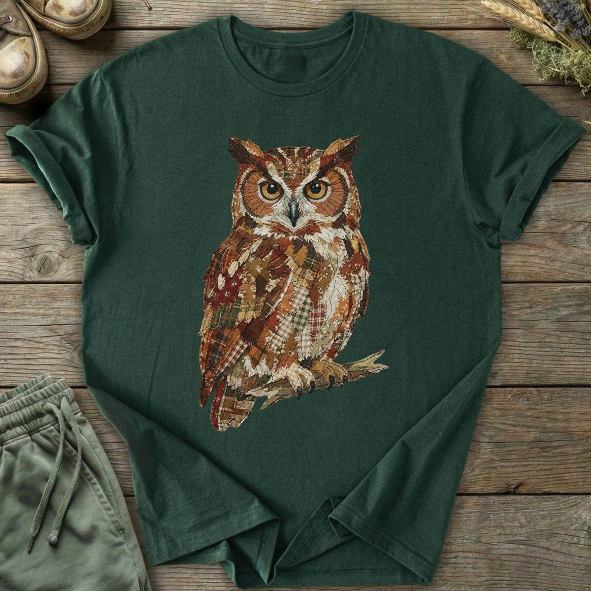 Printify T-Shirt Faux Patchwork Owl T-Shirt