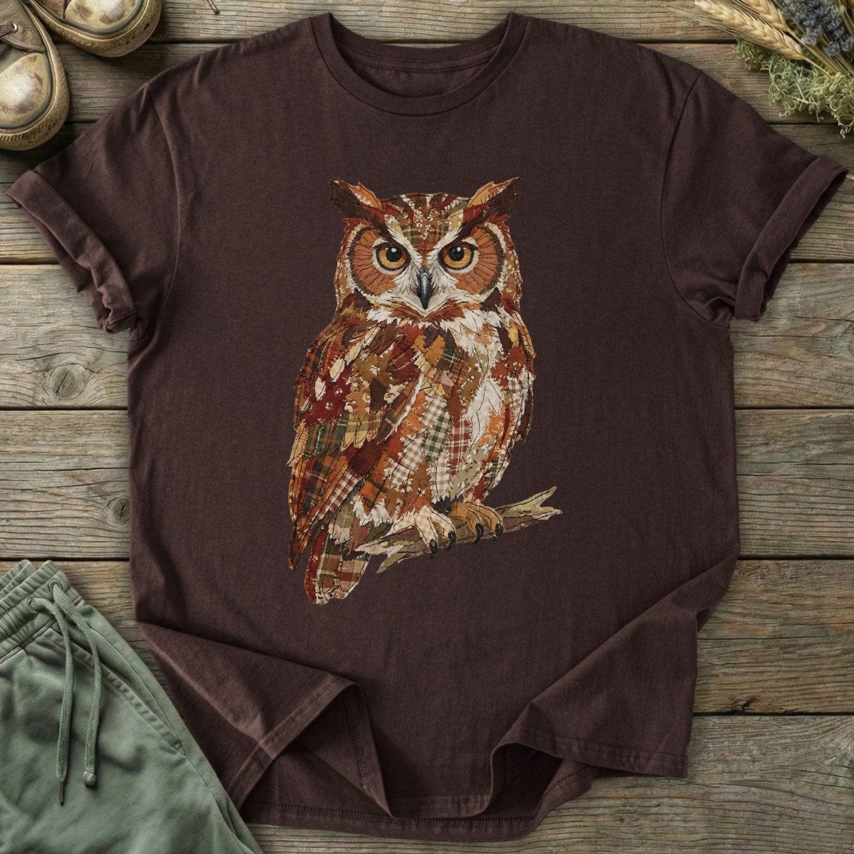 Printify T-Shirt Faux Patchwork Owl T-Shirt