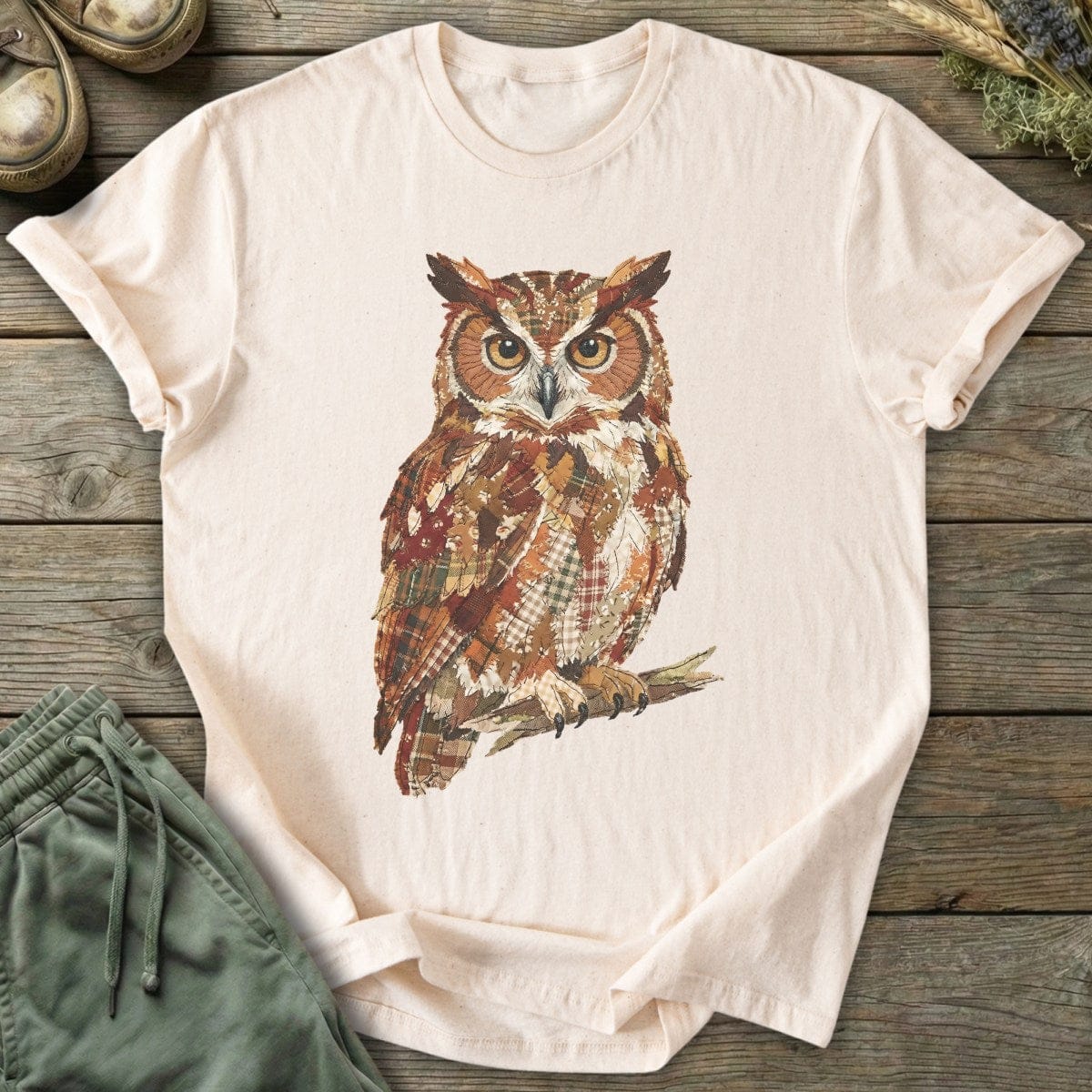 Printify T-Shirt Faux Patchwork Owl T-Shirt