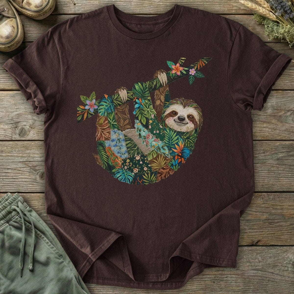 Printify T-Shirt Faux Patchwork Sloth T-Shirt