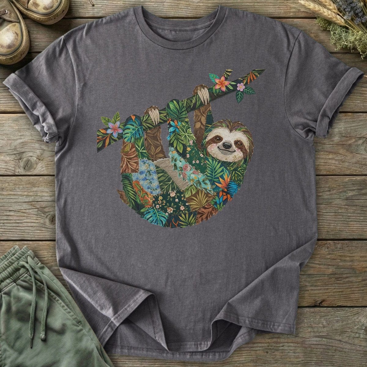 Printify T-Shirt Faux Patchwork Sloth T-Shirt