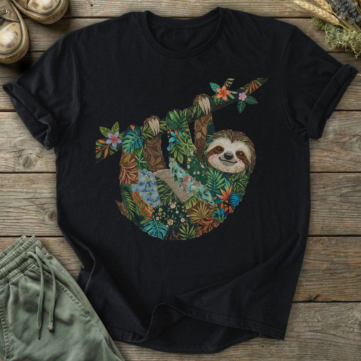 Printify T-Shirt Faux Patchwork Sloth T-Shirt