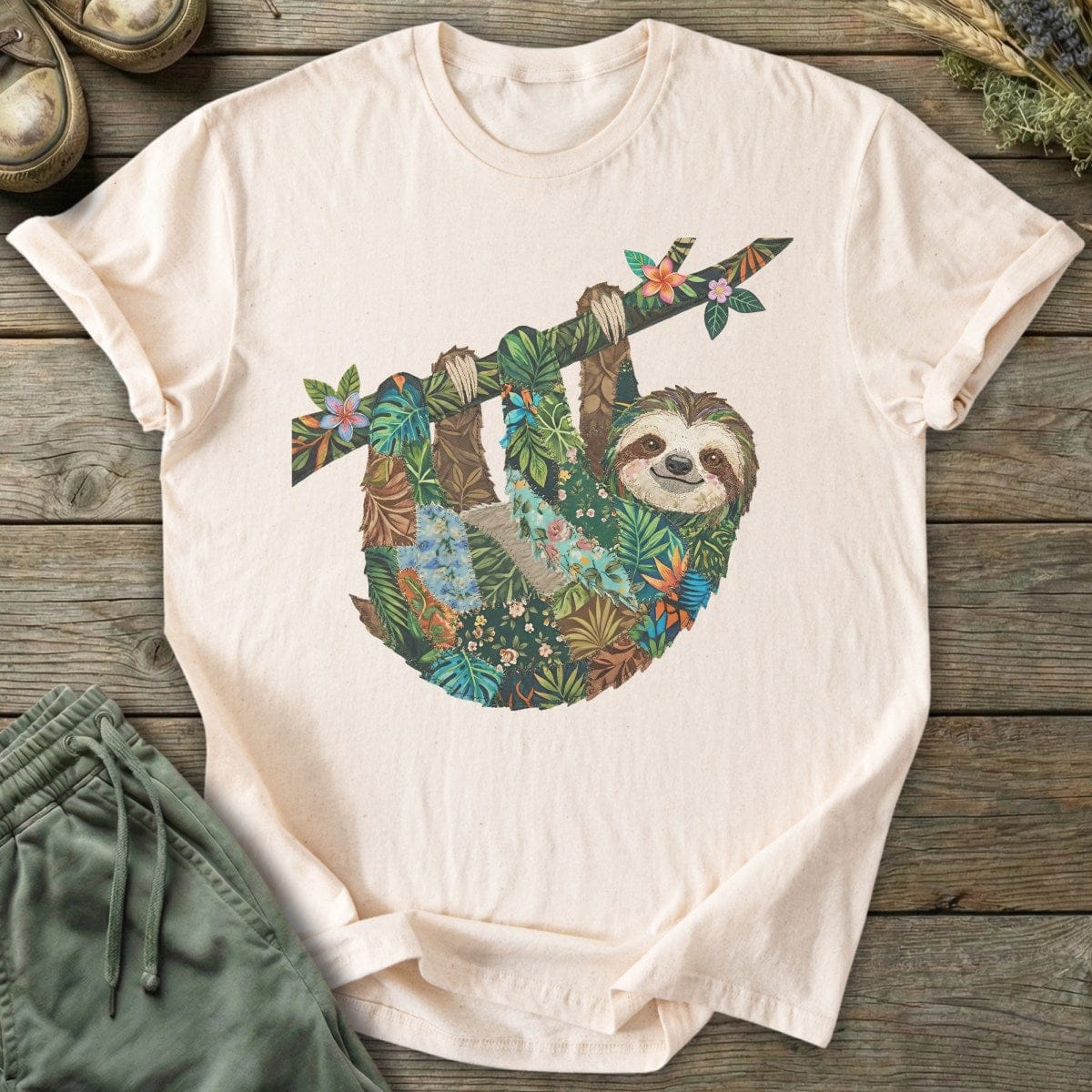 Printify T-Shirt Faux Patchwork Sloth T-Shirt
