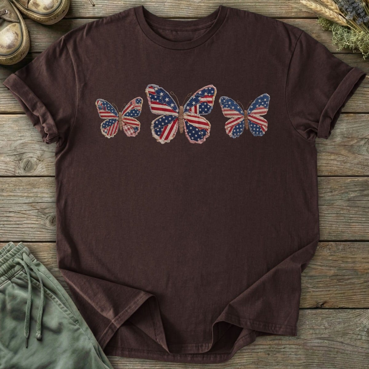 Printify T-Shirt (Flat Print) Faux Patchwork Patriotic Butterfly T-Shirt