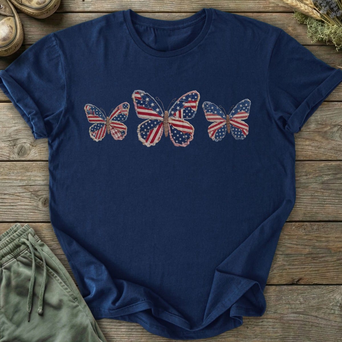 Printify T-Shirt (Flat Print) Faux Patchwork Patriotic Butterfly T-Shirt