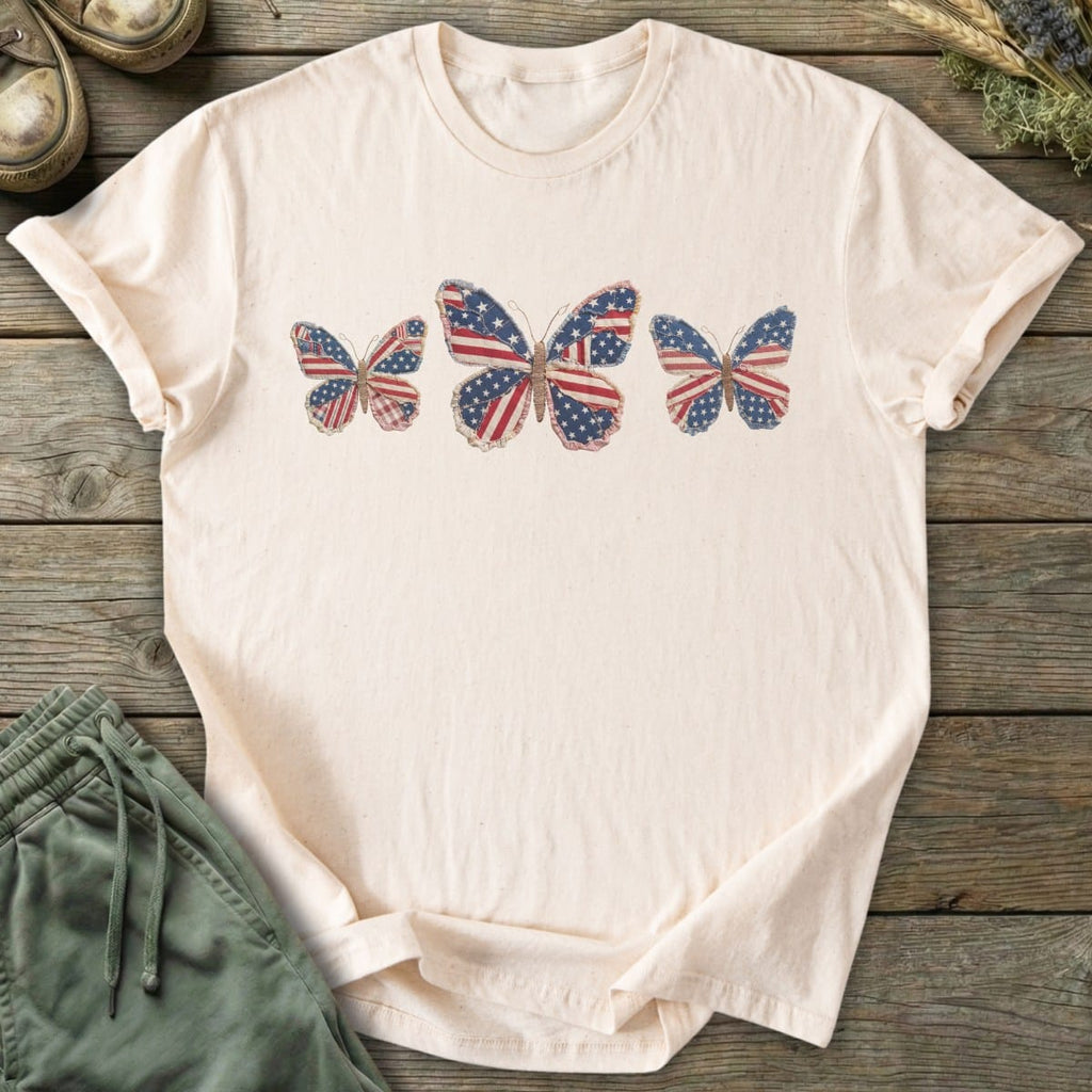 Printify T-Shirt (Flat Print) Faux Patchwork Patriotic Butterfly T-Shirt