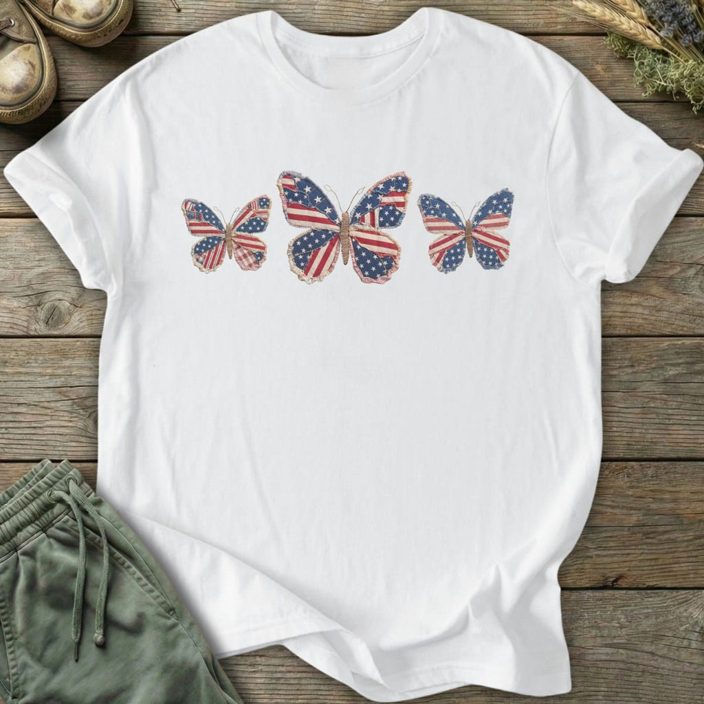 Printify T-Shirt (Flat Print) Faux Patchwork Patriotic Butterfly T-Shirt