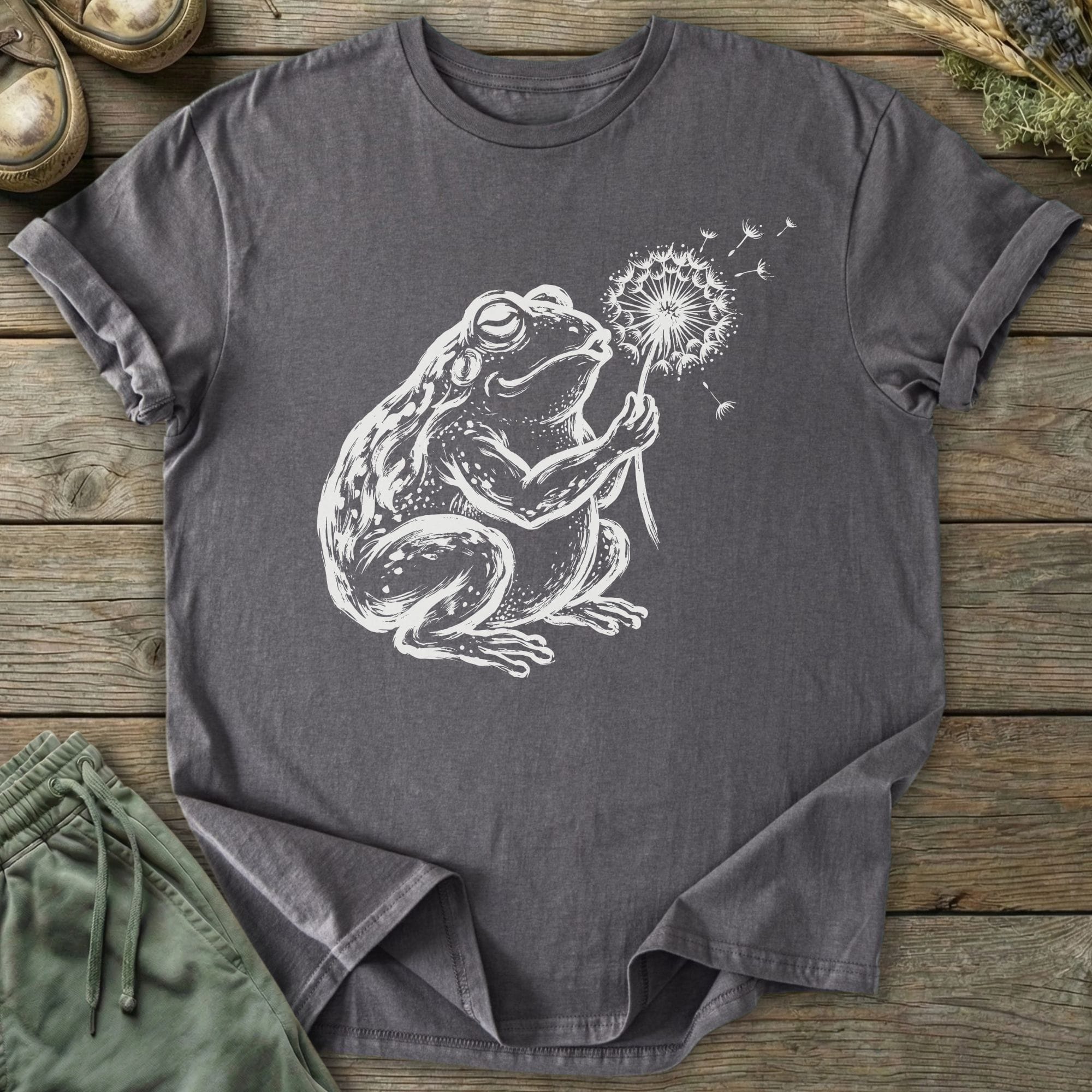 Printify T-Shirt Frog Blowing Dandelion T-Shirt