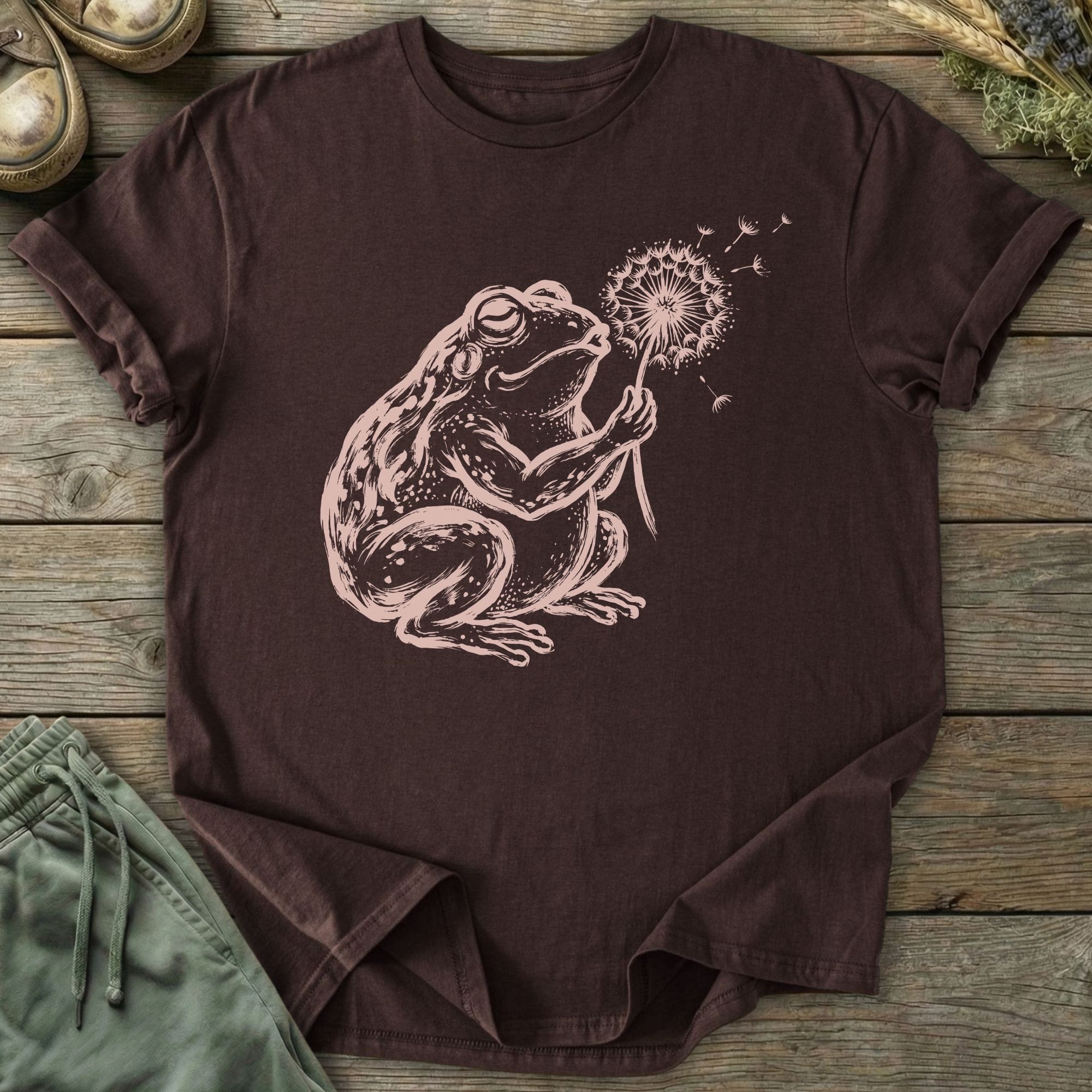Printify T-Shirt Frog Blowing Dandelion T-Shirt