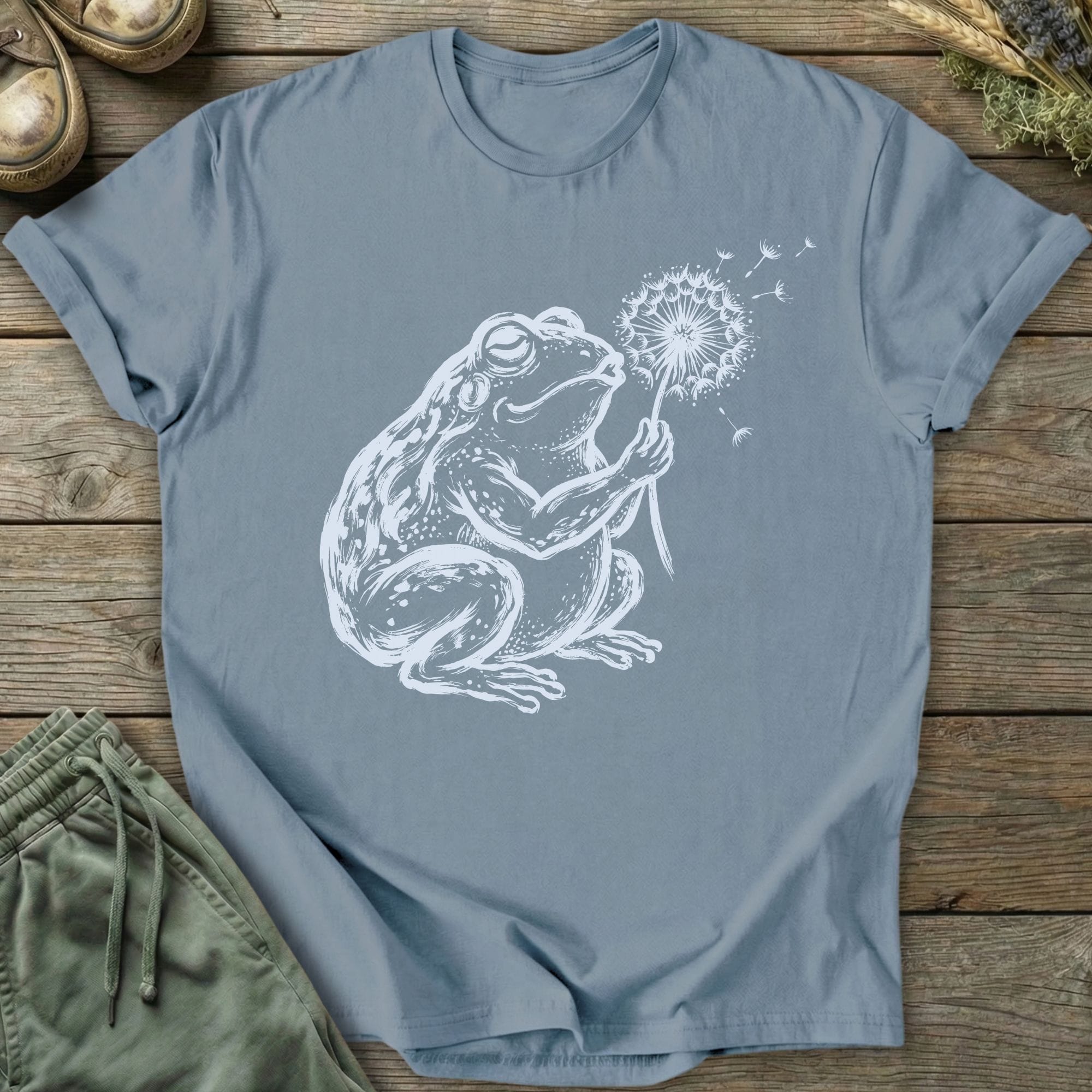 Printify T-Shirt Frog Blowing Dandelion T-Shirt