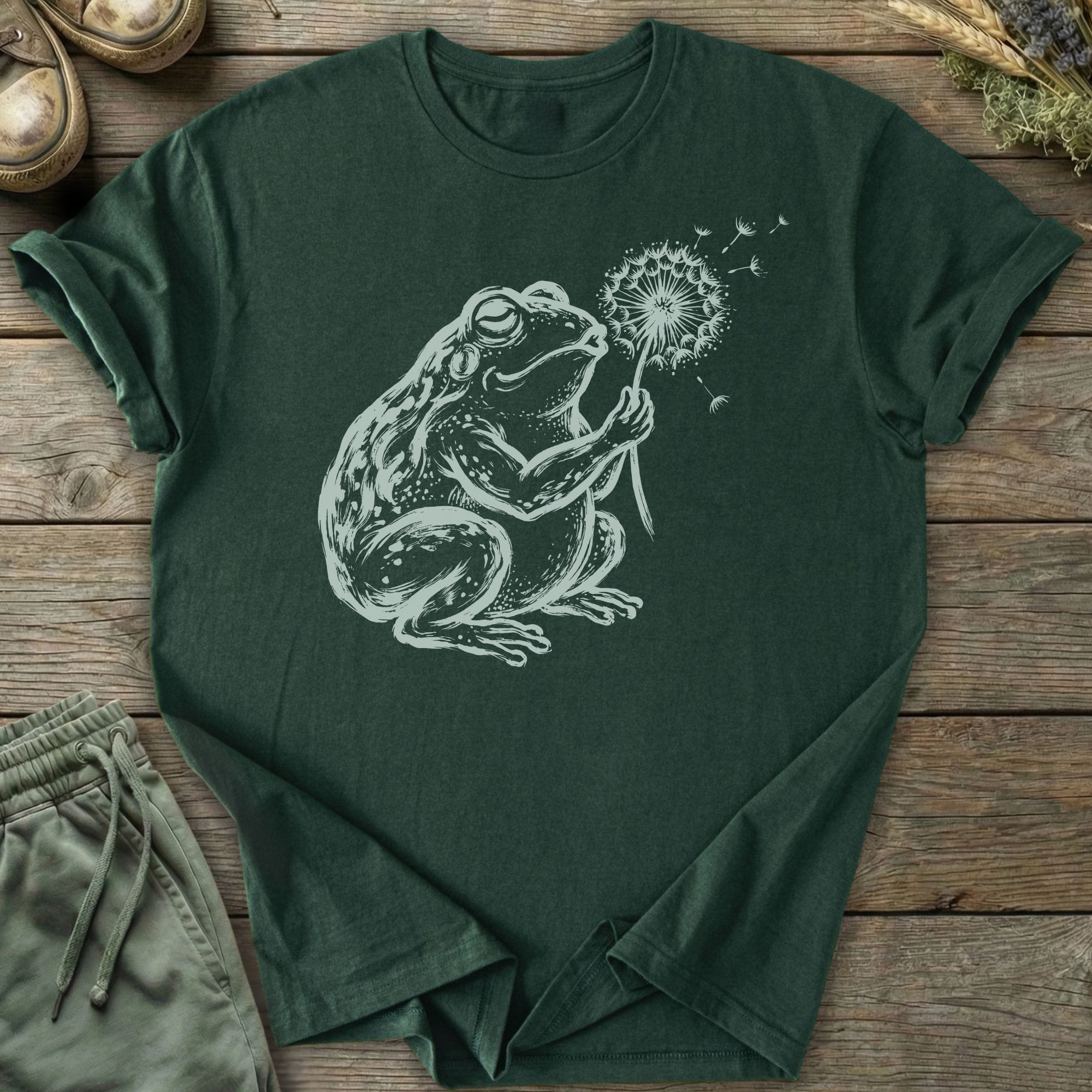 Printify T-Shirt Frog Blowing Dandelion T-Shirt