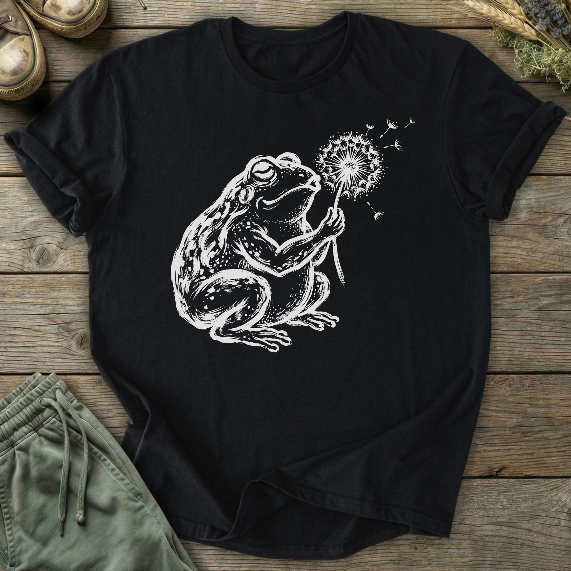 Printify T-Shirt Frog Blowing Dandelion T-Shirt