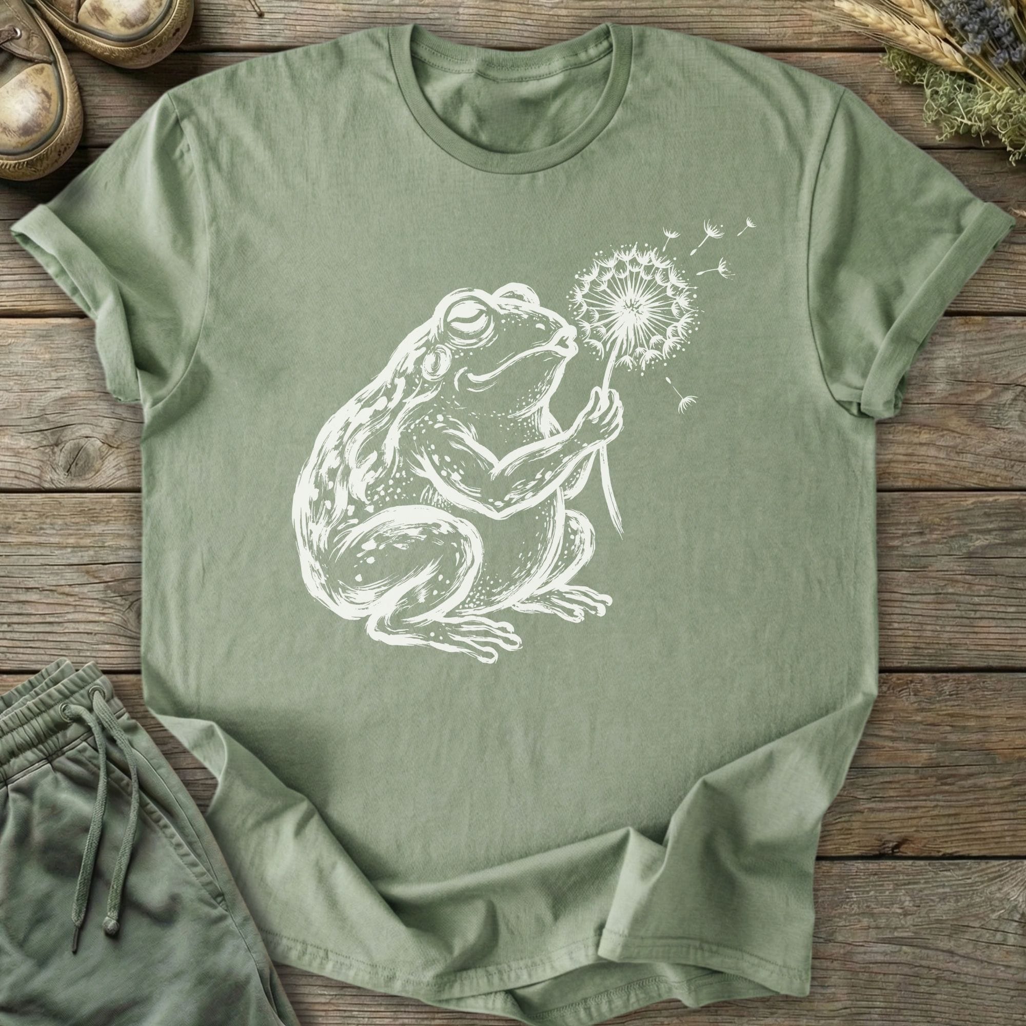 Printify T-Shirt Frog Blowing Dandelion T-Shirt