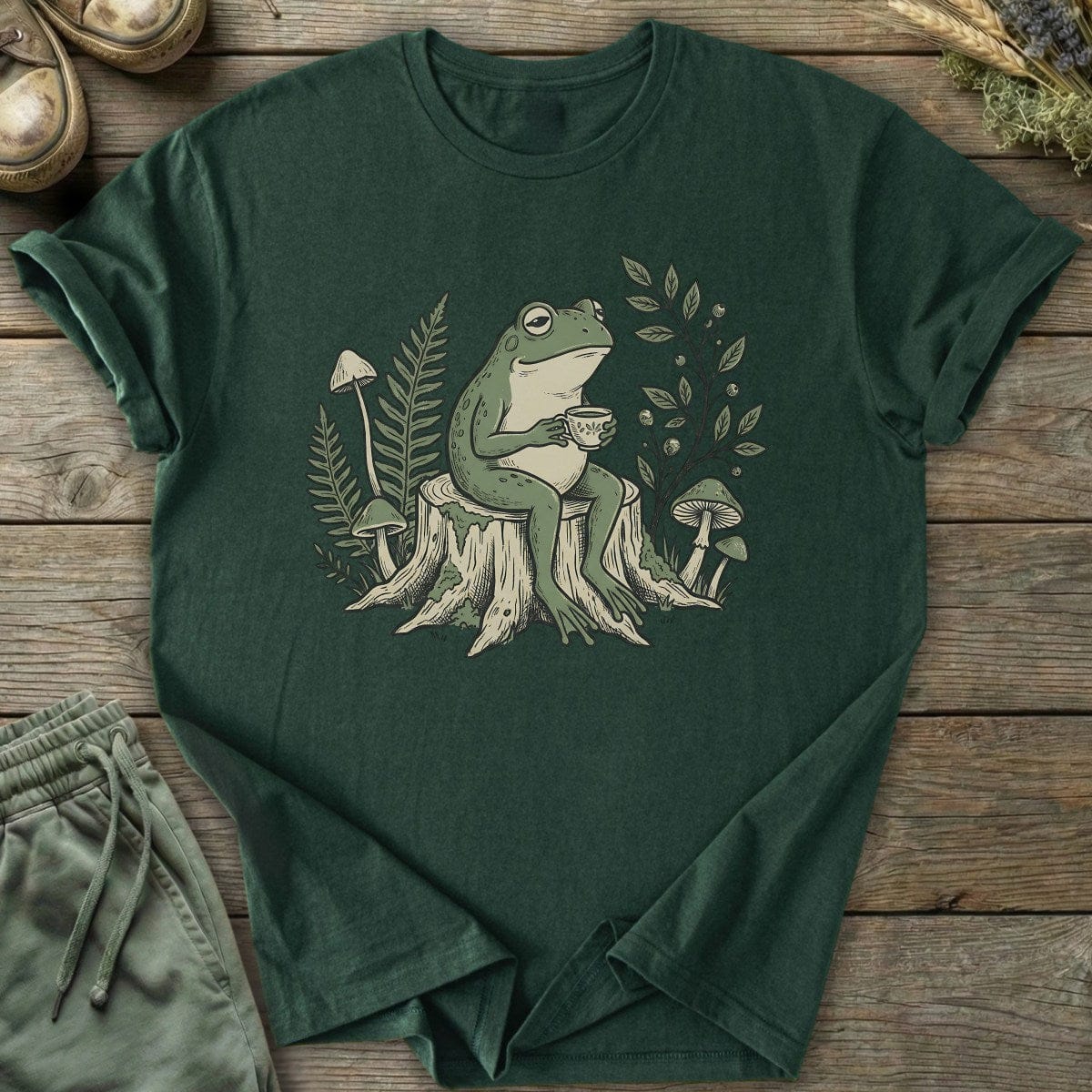 Printify T-Shirt Frog Drinking On Stump T-Shirt