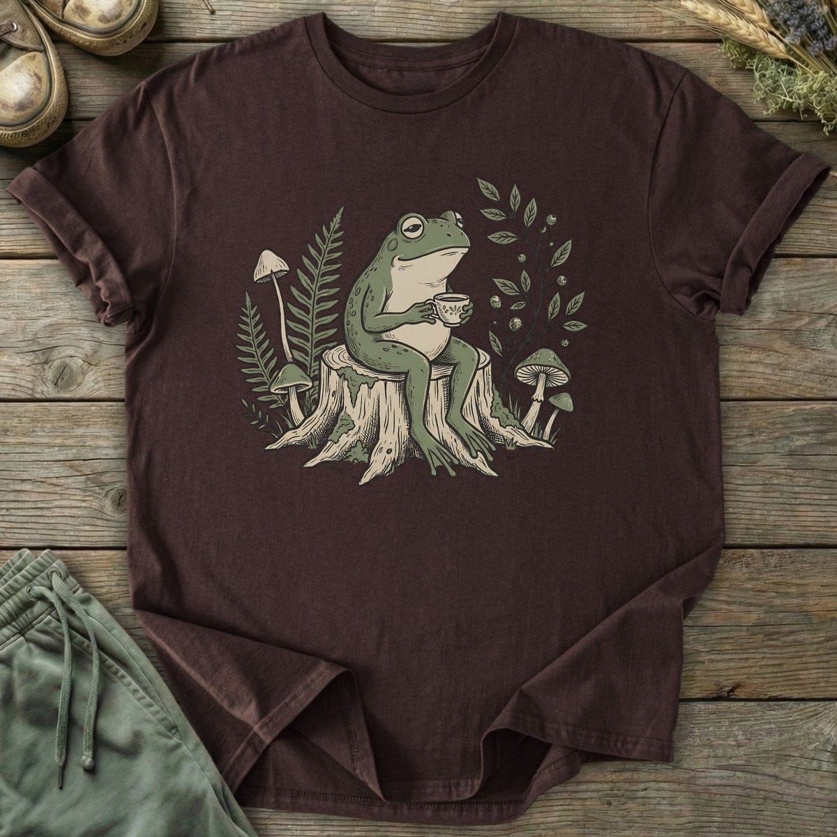 Printify T-Shirt Frog Drinking On Stump T-Shirt