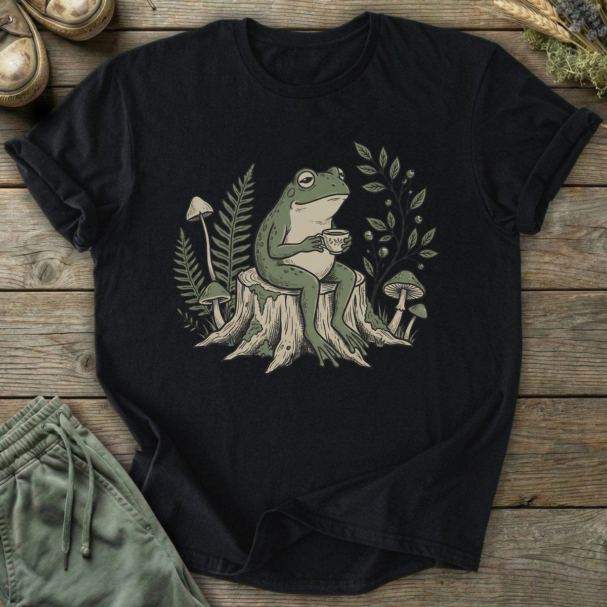 Printify T-Shirt Frog Drinking On Stump T-Shirt