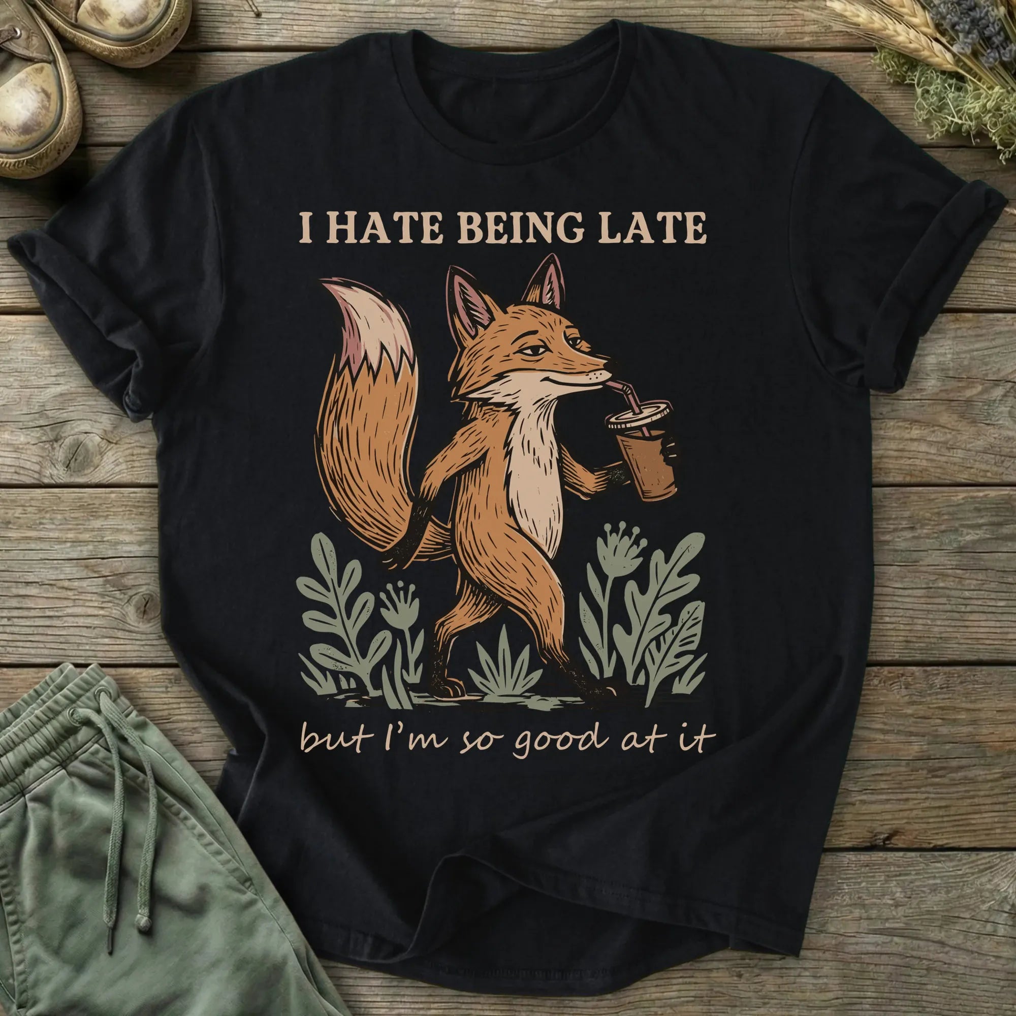 Printify T-Shirt Hate Being Late Fox T-Shirt