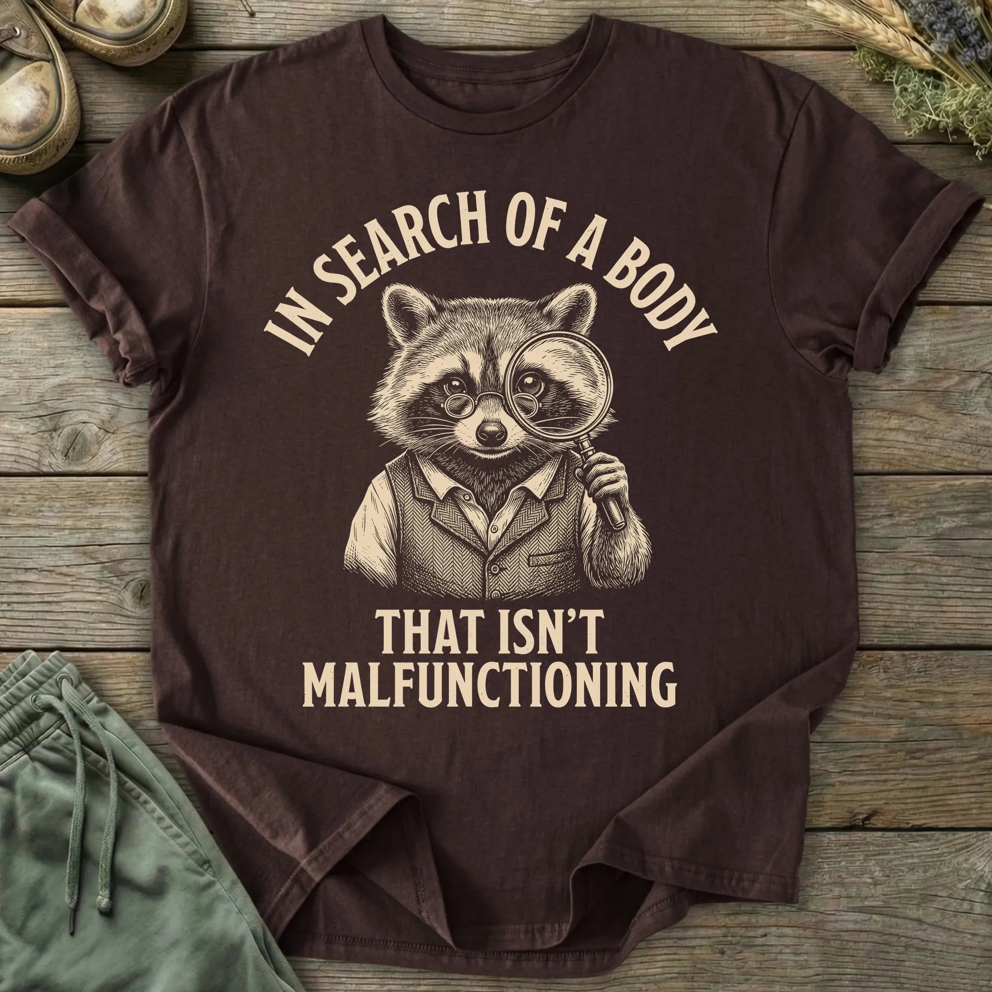 Printify T-Shirt In Search Of A Body Raccoon T-Shirt