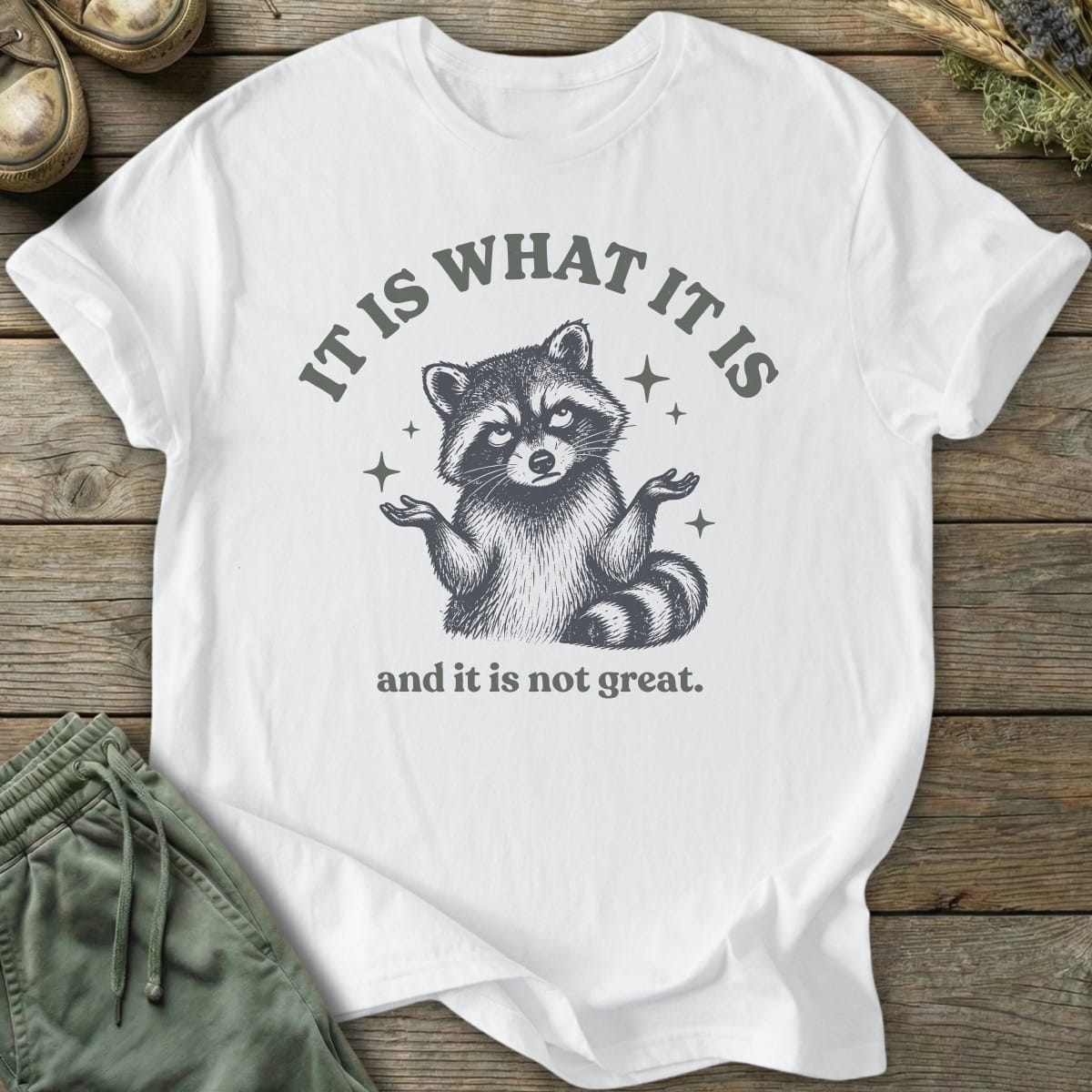 Printify T-Shirt It Is What It Is Raccoon T-Shirt