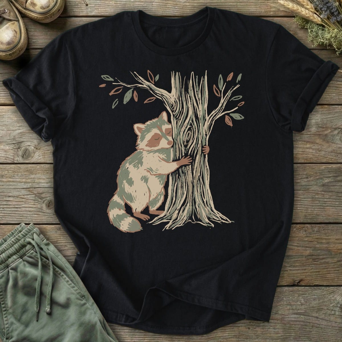 Printify T-Shirt Raccoon Tree Hugger T-Shirt