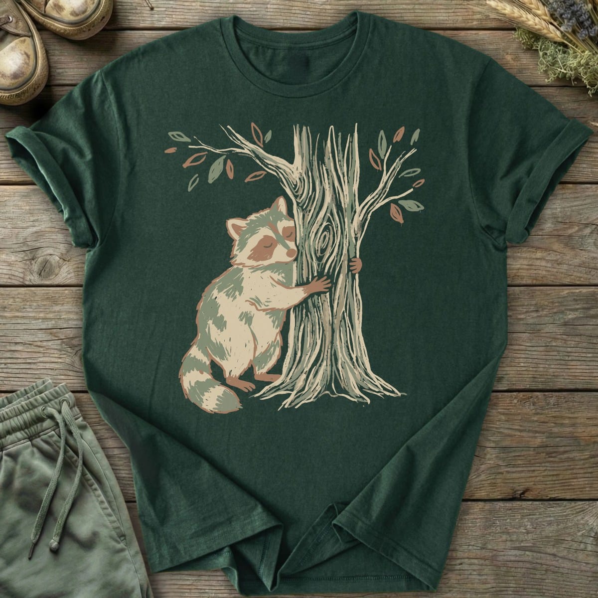Printify T-Shirt Raccoon Tree Hugger T-Shirt