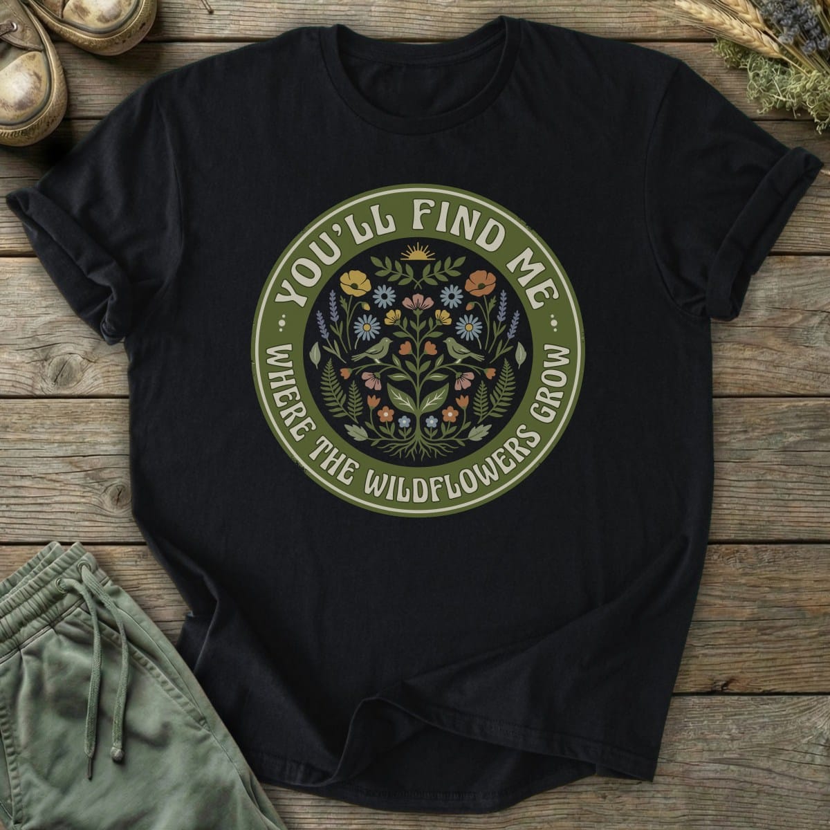 Printify T-Shirt Where Wildflowers Grow Badge T-Shirt