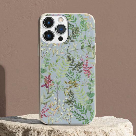Stepping Green Phone Case Green Leaves on Muted Blue Bio Case