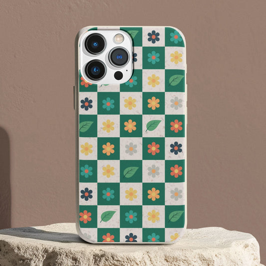 Stepping Green Phone Case Leaf and Flower Checkerboard Bio Case