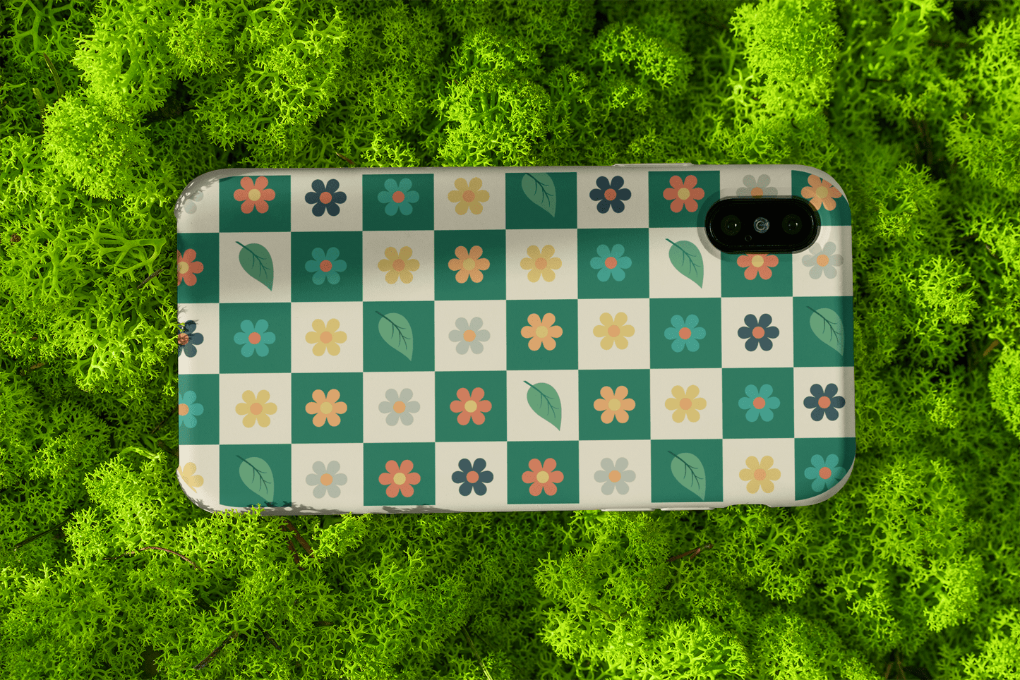 Stepping Green Phone Case Leaf and Flower Checkerboard Bio Case