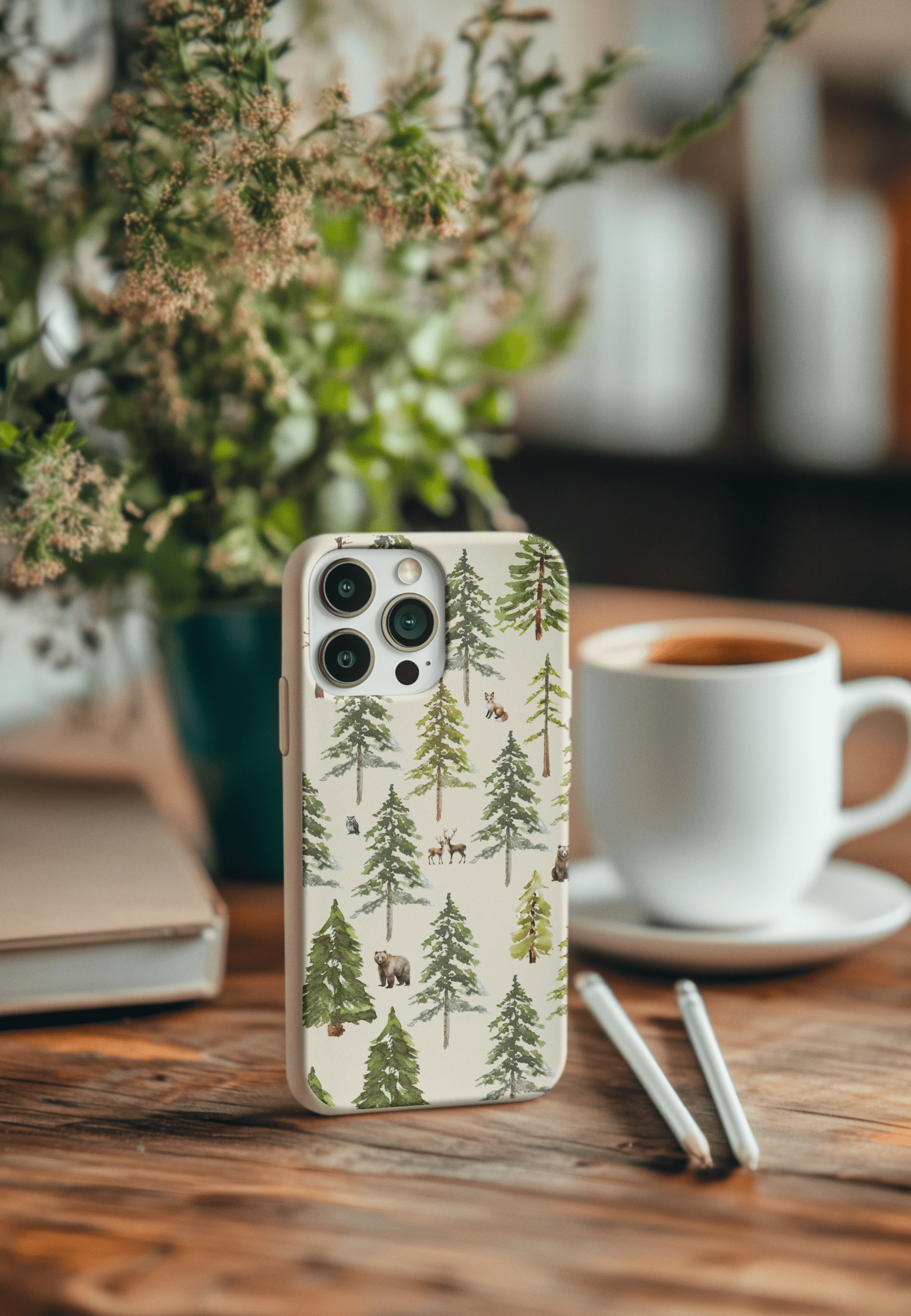 Stepping Green Phone Case Watercolor Forest with Animals Bio Case