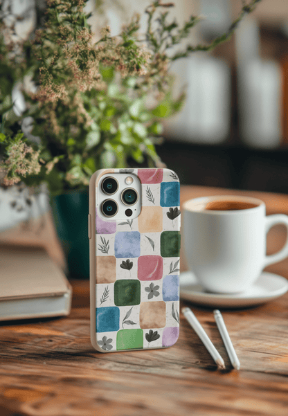 Stepping Green Phone Case Watercolor Leaf Checkerboard Bio Case