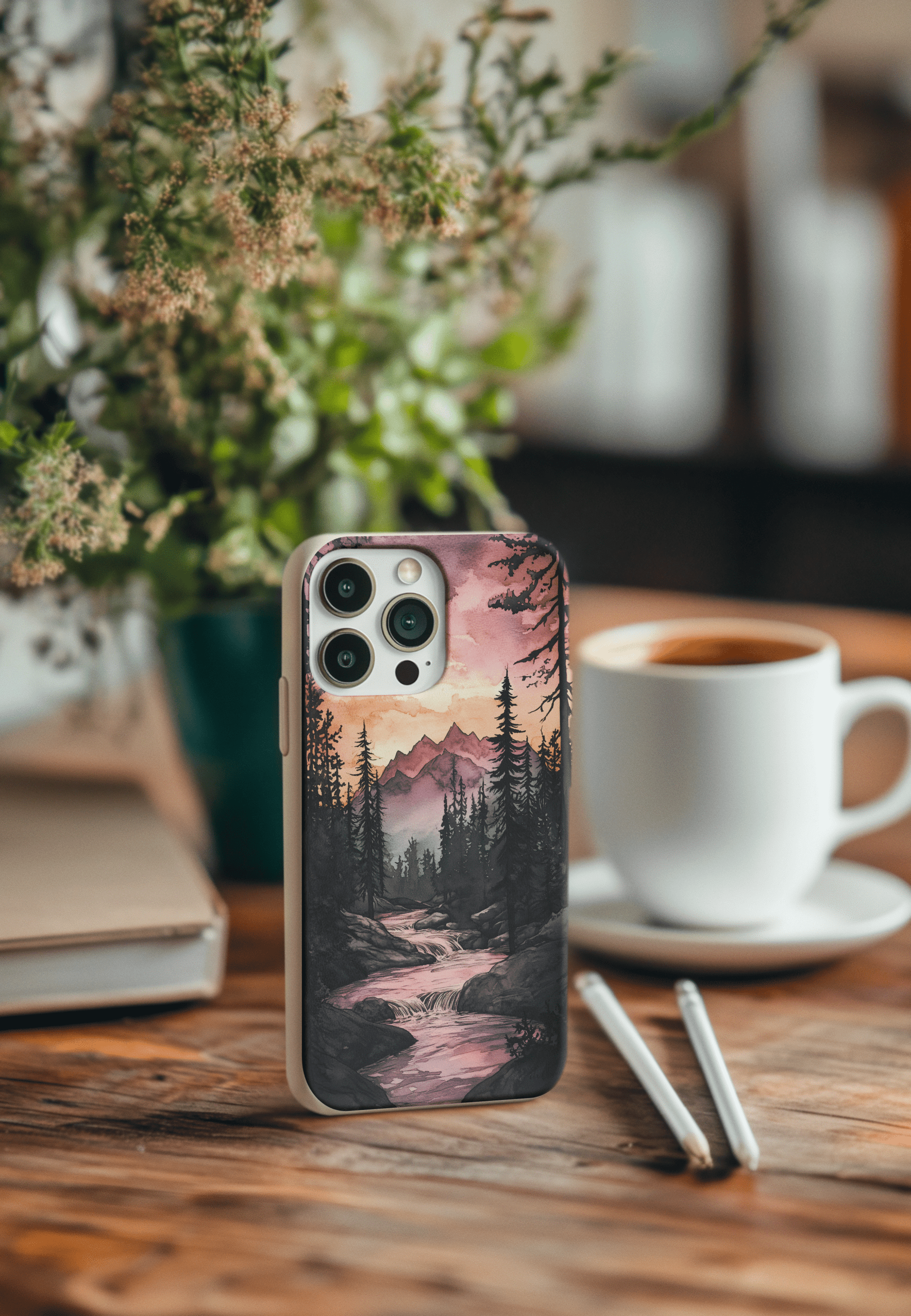 Stepping Green Phone Case Watercolor Mountain Sunset Bio Case