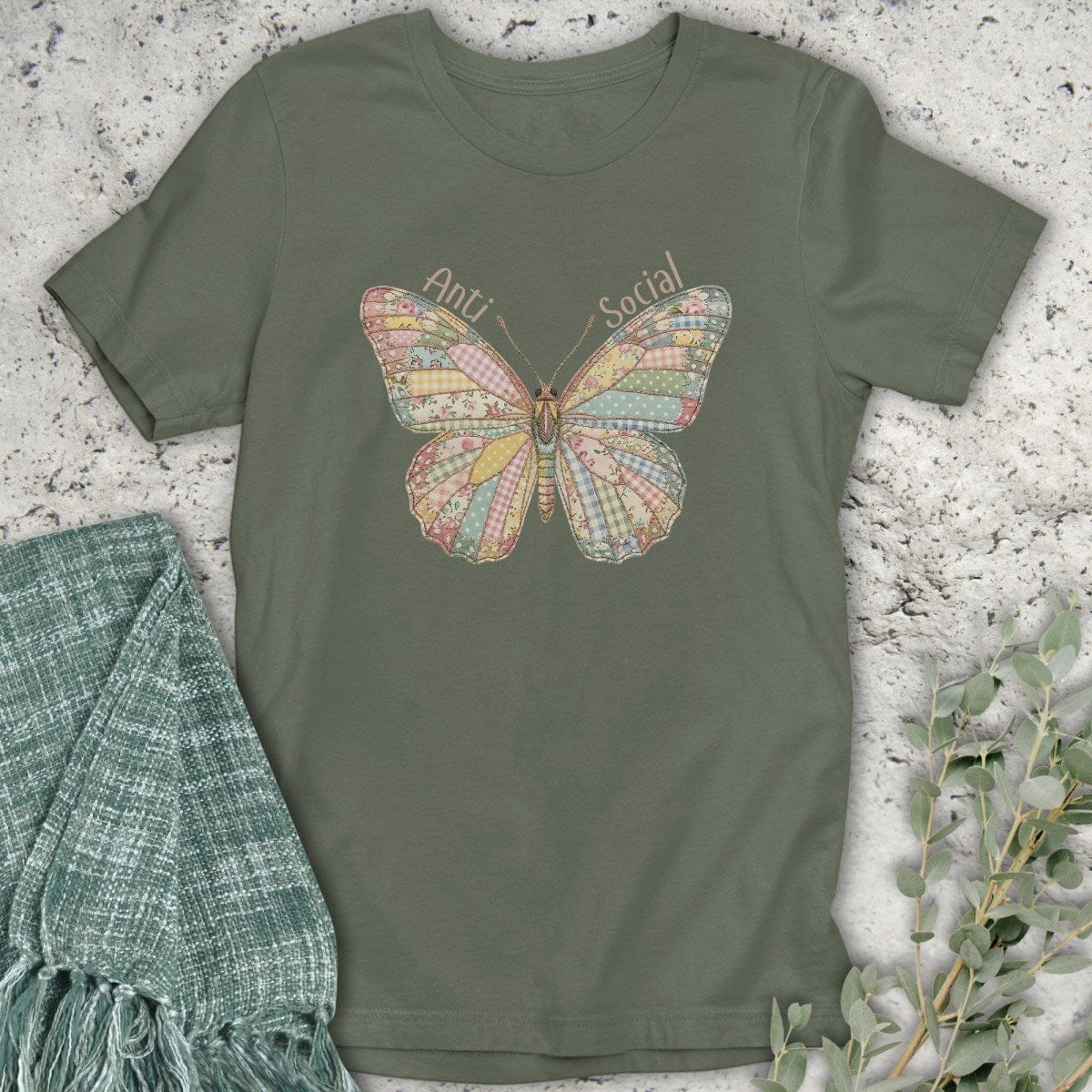 Stepping Green T-Shirt Faux Patchwork Butterfly T-Shirt