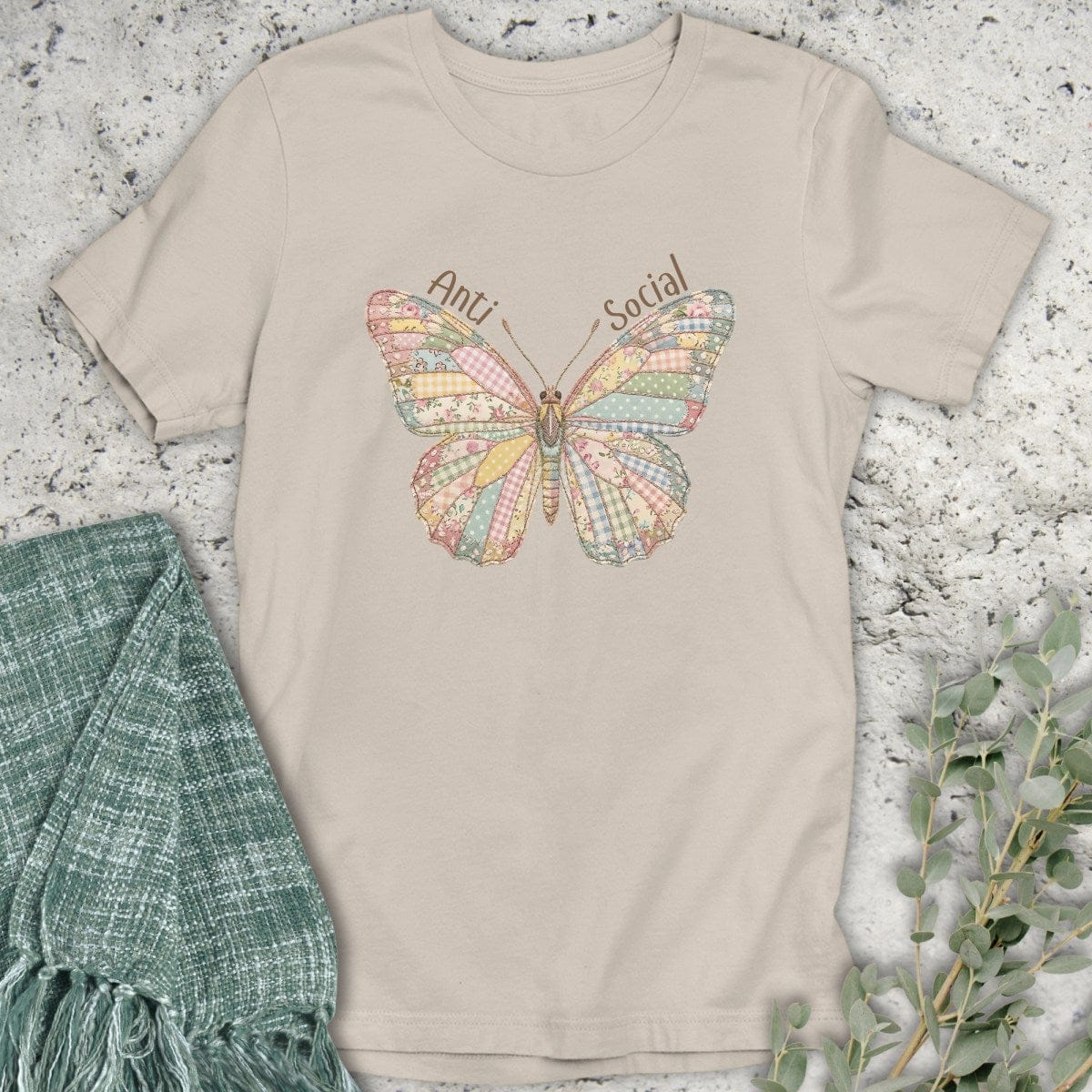 Stepping Green T-Shirt Faux Patchwork Butterfly T-Shirt
