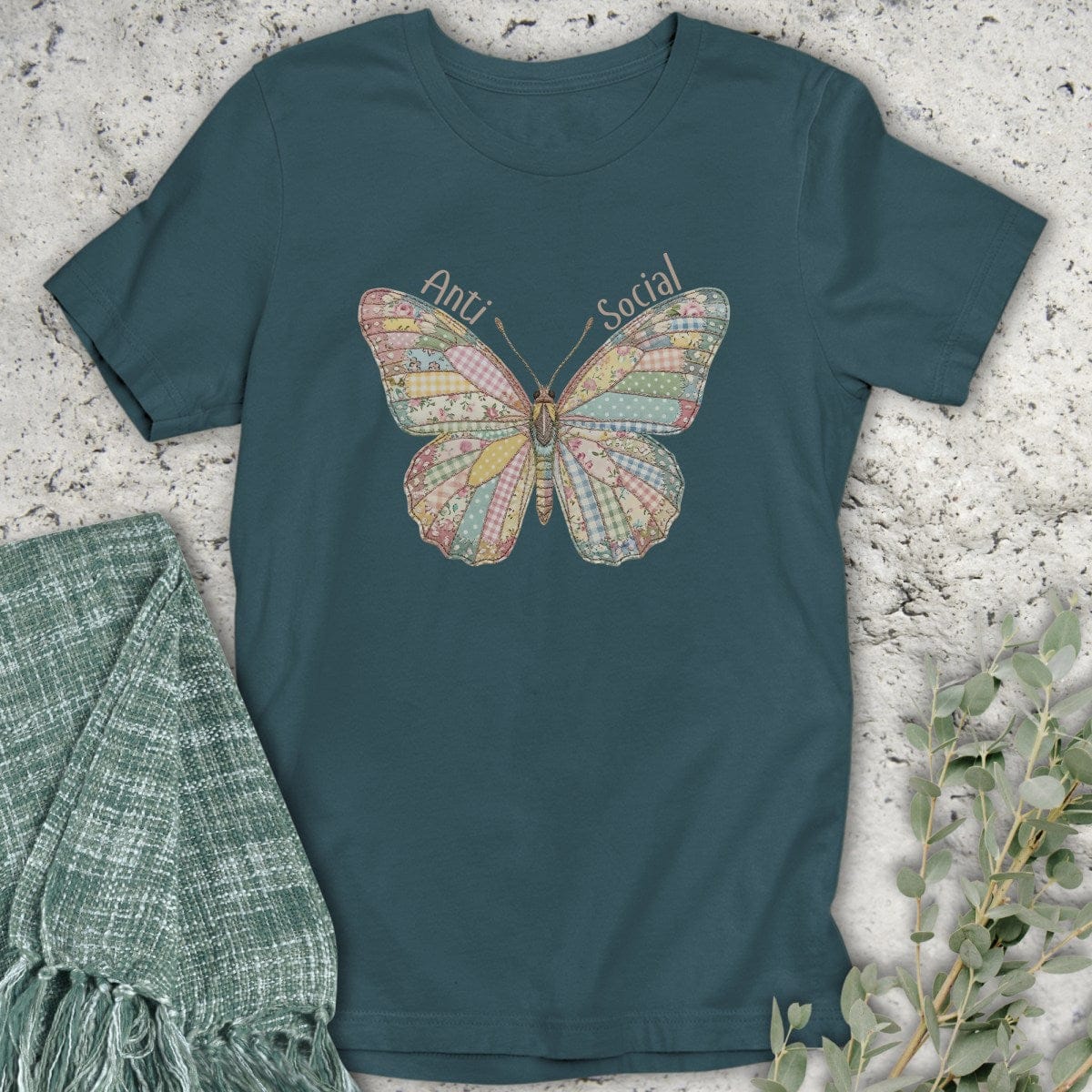 Stepping Green T-Shirt Faux Patchwork Butterfly T-Shirt