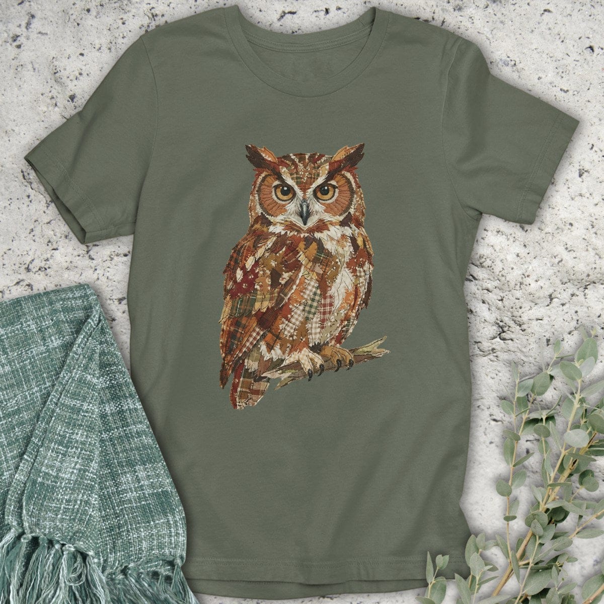 Stepping Green T-Shirt Faux Patchwork Owl T-Shirt