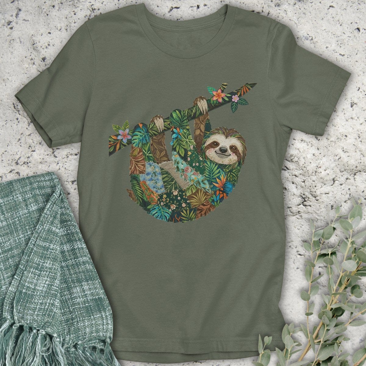 Stepping Green T-Shirt Faux Patchwork Sloth T-Shirt