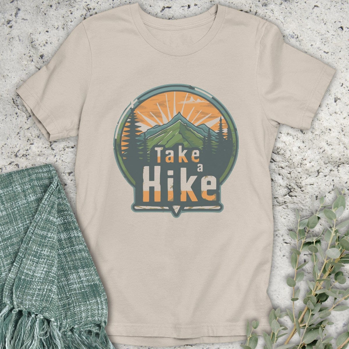 Stepping Green T-Shirt Sunset Take A Hike Badge T-Shirt