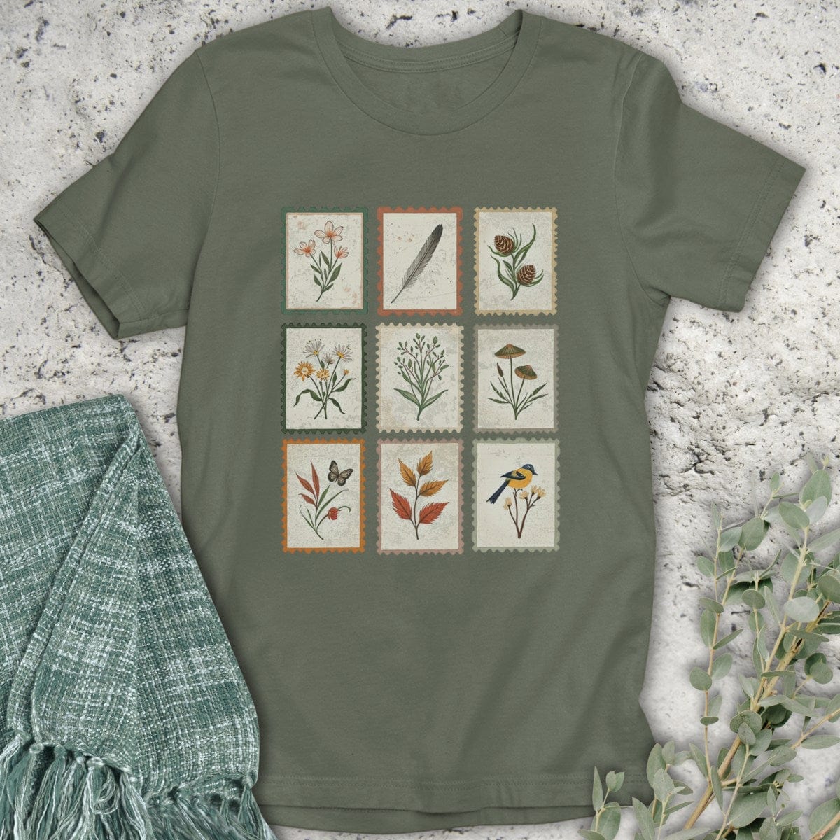 Stepping Green T-Shirt Vintage Nature Stamps T-Shirt