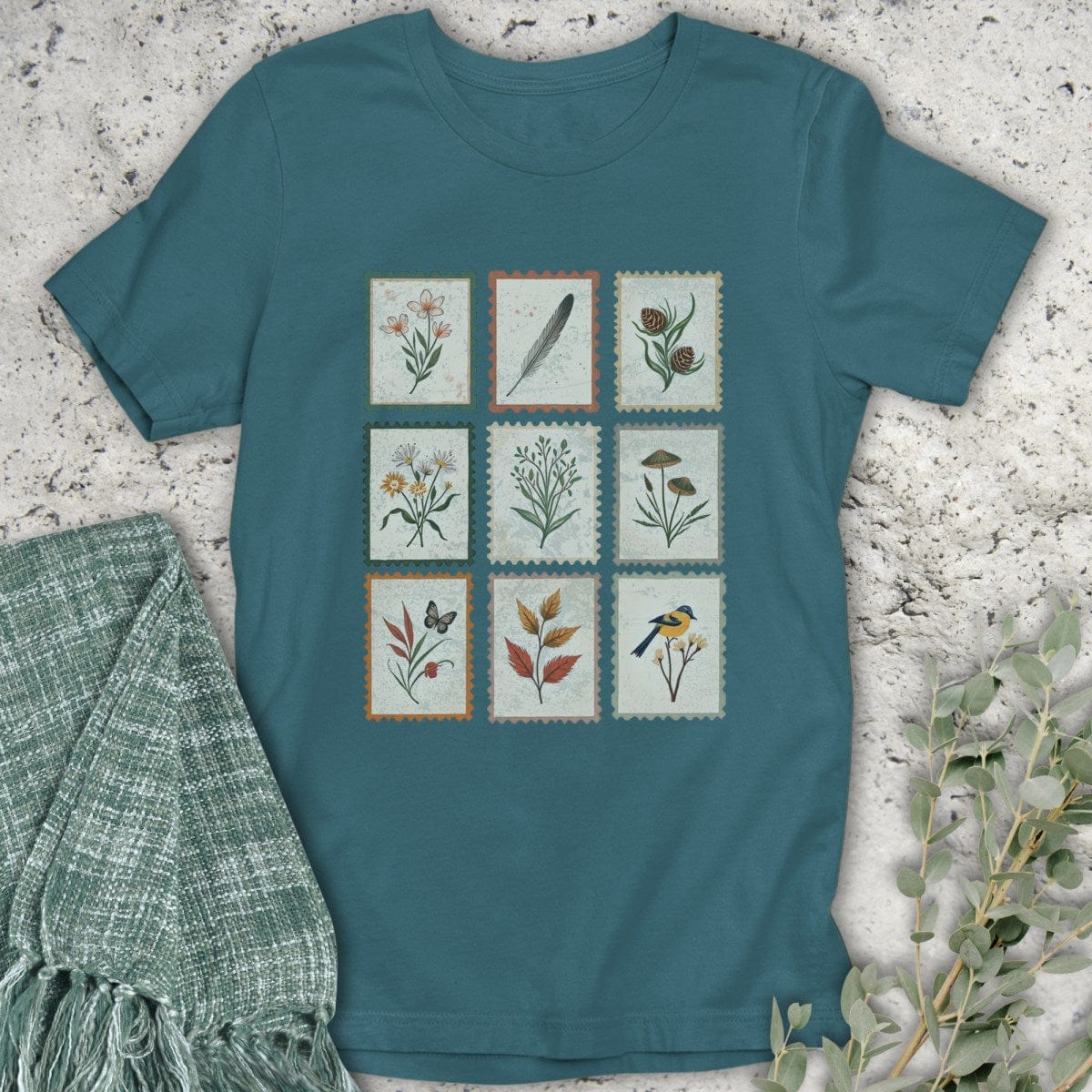 Stepping Green T-Shirt Vintage Nature Stamps T-Shirt
